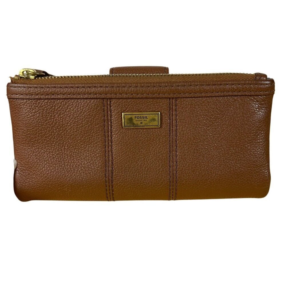 Fossil Ella Clutch Brown Leather Wallet zipper fold card‎ orgainizer